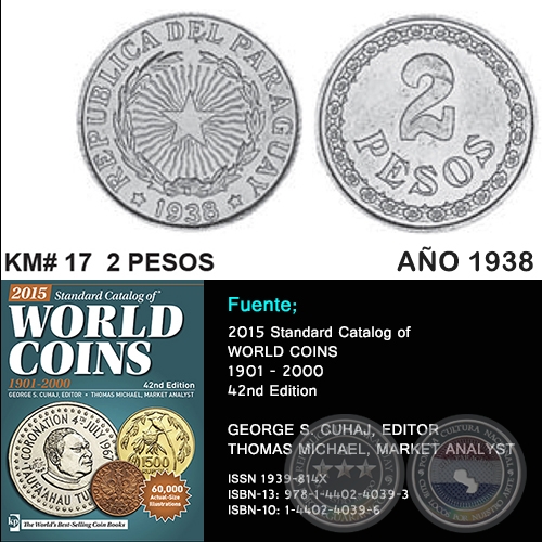 KM# 17 2 PESOS - AÑO 1938 - MONEDAS DE PARAGUAY
