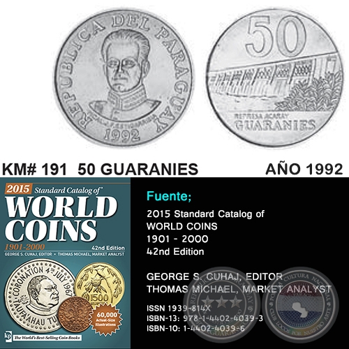 KM# 191 50 GUARANIES - AO 1992 - MONEDAS DE PARAGUAY