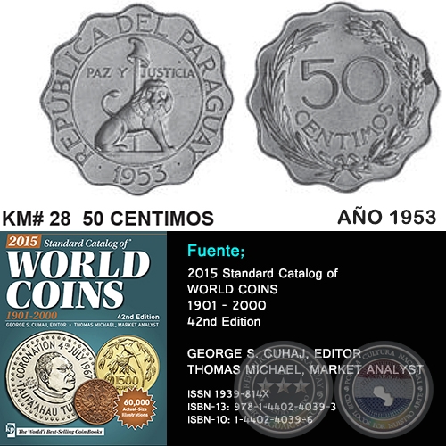 KM# 28 50 CENTIMOS - AO 1953 - MONEDAS DE PARAGUAY