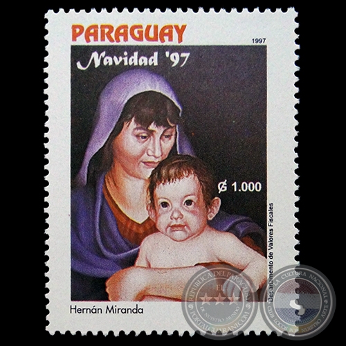 Pintura al leo del artista HERNN MIRANDA - NAVIDAD 1997 - SELLO POSTAL PARAGUAYO AO 1997