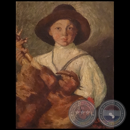 NIO CON GALLO, 1919 - leo sobre madera de JUAN IGNACIO SORAZBAL