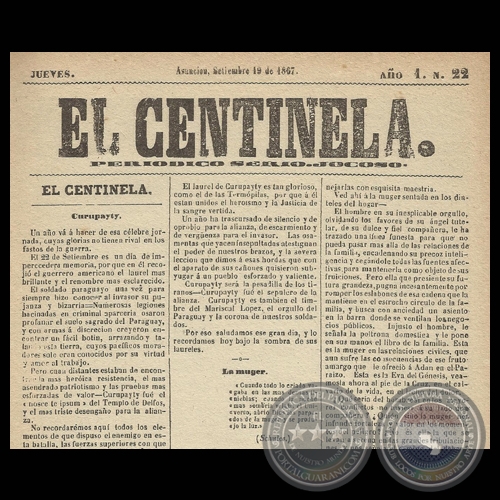 EL CENTINELA N 22 PERIDICO SERIO..JOCOSO, ASUNCIN, SETIEMBRE 19 de 1867
