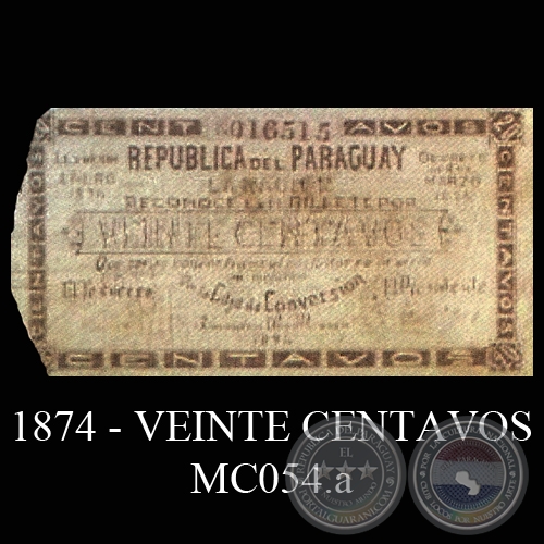 1874 - VEINTE CENTAVOS - MC054.a - FIRMAS: MANUEL SOLALINDE - GALLEGOS