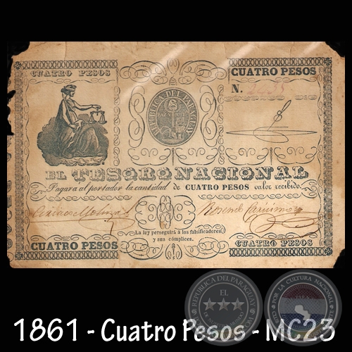 1861 - CUATRO PESOS - FIRMAS: CIRIACO MOLINAS  ROSENDO CARSSIMO