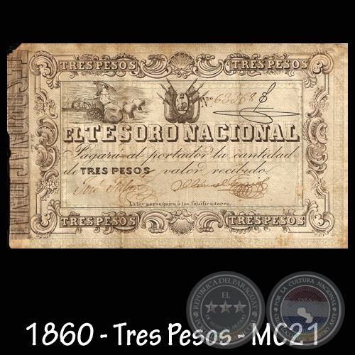 1860 - TRES PESOS - FIRMAS: JOS FALCN  MANUEL FERRIOL