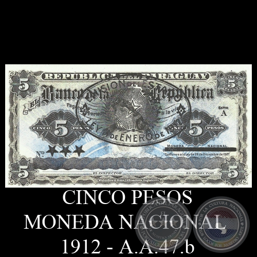 CINCO PESOS MONEDA NACIONAL - RESELLADO A.A.47b - FIRMA: JUAN LEOPARDI - GUILLERMO ALONSO