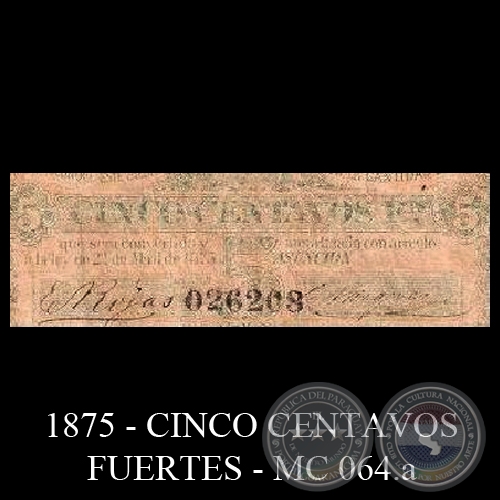 1875 - CINCO CENTAVOS FUERTES - MC064.b - FIRMAS: ESTEBAN ROJAS - C. VZQUEZ