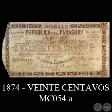 1874 - VEINTE CENTAVOS - MC054.a - FIRMAS: MANUEL SOLALINDE - GALLEGOS