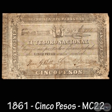 1861 - CINCO PESOS - FIRMAS: JUAN G. VALLE  GUMERSINDO BENTEZ