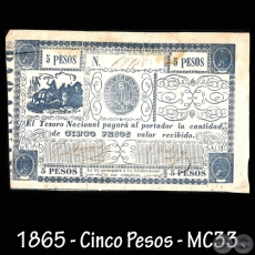 1865 - CINCO PESOS - FIRMAS: FÉLIX LARROSA – ANTONIO IRALA