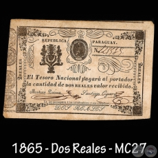 1865 - DOS REALES - FIRMAS: MATÍAS PERINA – SANTIAGO OZCARIZ