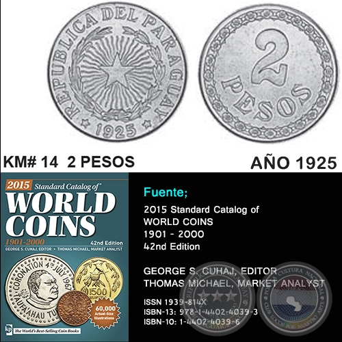 KM# 14 2 PESOS - AÑO 1925 - MONEDAS DE PARAGUAY