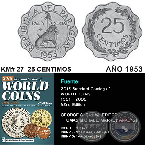 KM# 27 25 CENTIMOS - AO 1953 - MONEDAS DE PARAGUAY