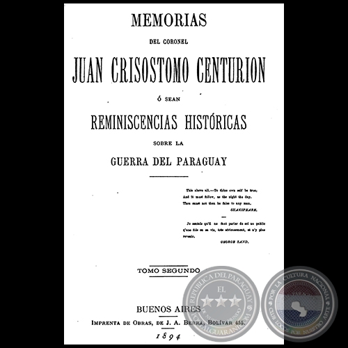 MEMORIAS DEL CORONEL JUAN CRISOSTOMO CENTURIÓN - TOMO SEGUNDO -  Año 1894