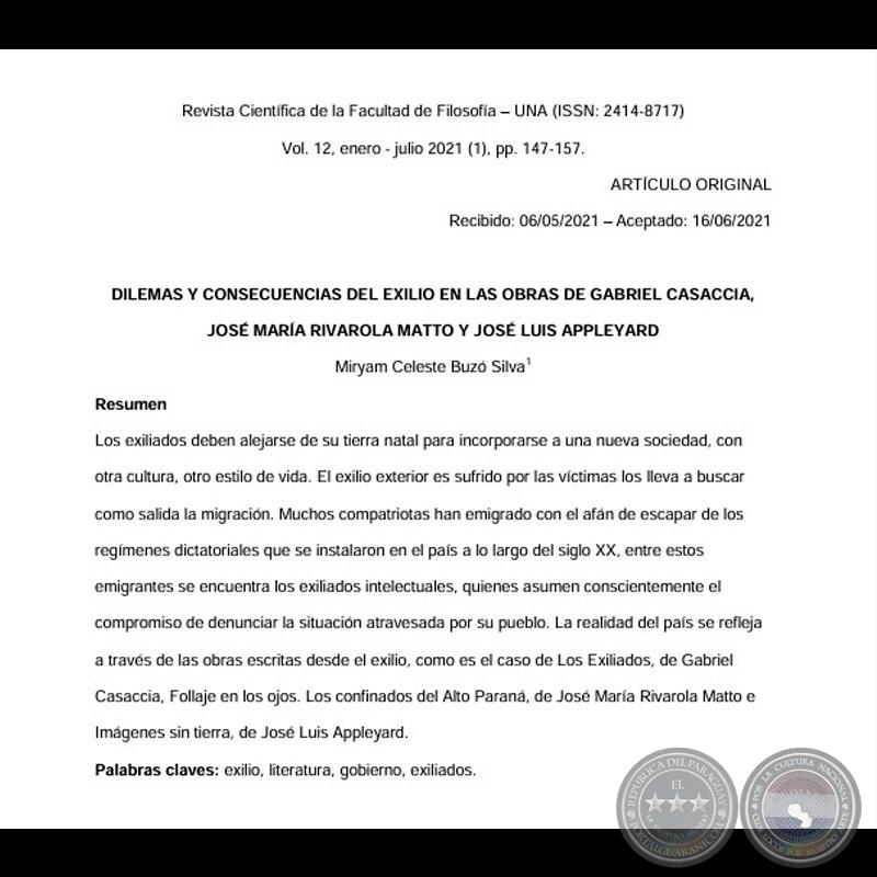 Dilemas y Consecuencias del Exilio en las Obras De Gabriel Casaccia, José María Rivarola Matto y José Luis Appleyard - MIRYAM CELESTE BUZÓ SILVA