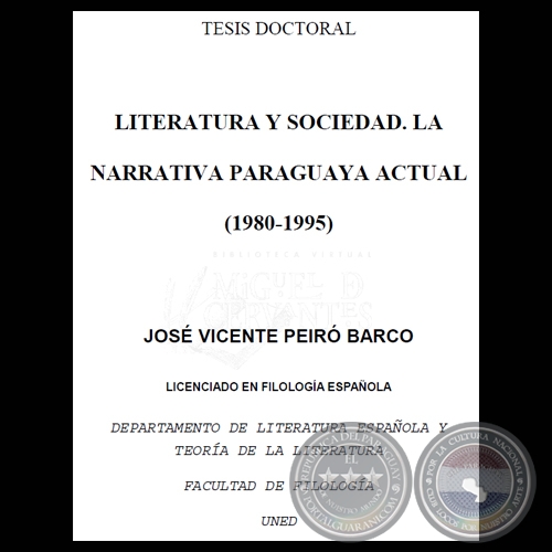 LITERATURA Y SOCIEDAD. LA NARRATIVA PARAGUAYA ACTUAL (1980-1995) - Tsis de JOS VICENTE PEIR BARCO - Ao 2001