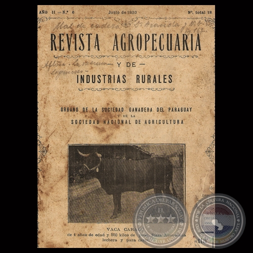 1930 - N° 18 - REVISTA AGROPECUARIA Y DE INDUSTRIAS RURALES - Director GUILLERMO TELL BERTONI