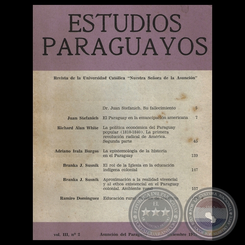 REVISTA DE ESTUDIOS PARAGUAYOS - VOL. III, N° 2 - 1975 - CEADUC - Director. BARTOMEU MELIA