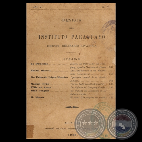 REVISTA DEL INSTITUTO PARAGUAYO - N° 51 - AÑO VI, 1905 - Director: BELISARIO RIVAROLA 