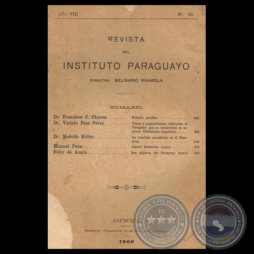 REVISTA DEL INSTITUTO PARAGUAYO - N° 54 - AÑO VIII, 1906 - Director: BELISARIO RIVAROLA 