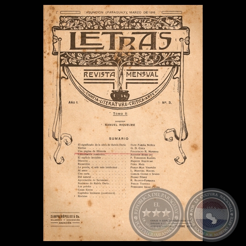 LETRAS. REVISTA MENSUAL, 1916 - AÑO Nº I – Nº 3 - Director: MANUEL RIQUELME 