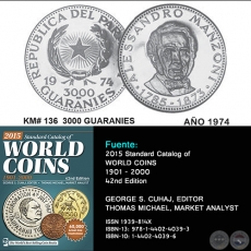 KM# 136 3000 GUARANIES - AO 1974 - MONEDAS DE PARAGUAY