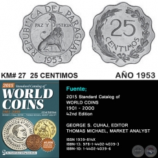 KM# 27 25 CENTIMOS - AO 1953 - MONEDAS DE PARAGUAY