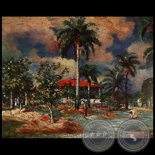 PAISAJE CON CASA Y PALMAS - leo de JUAN ANSELMO SAMUDIO - Ao 1926