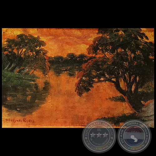 PAISAJE CON ATARDECER Y RÍO - Óleo de MODESTO DELGADO RODAS - Título:  Sin título (del Autor)  Tema:  Década de 1930