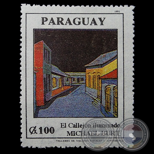 EL CALLEJN ILUMINADO - Pintura de MICHAEL BURT - SELLO POSTAL PARAGUAYO AO 1991