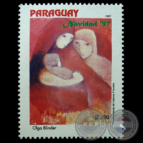 Pintura al óleo de la artista OLGA BLINDER - NAVIDAD 1997 - SELLO POSTAL PARAGUAYO AÑO 1997