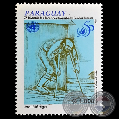 DIBUJO de JOEL FILÁRTIGA - 50º ANIVERSARIO DE LA DECLARACIÓN UNIVERSAL DE LOS DERECHOS HUMANOS - SELLO POSTAL PARAGUAYO AÑO 1998