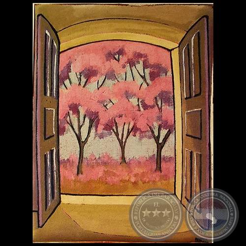 PUERTAS ABIERTAS CON PAISAJE DE LAPACHOS ROSAS, 1983 - Óleo de MICHAEL BURT