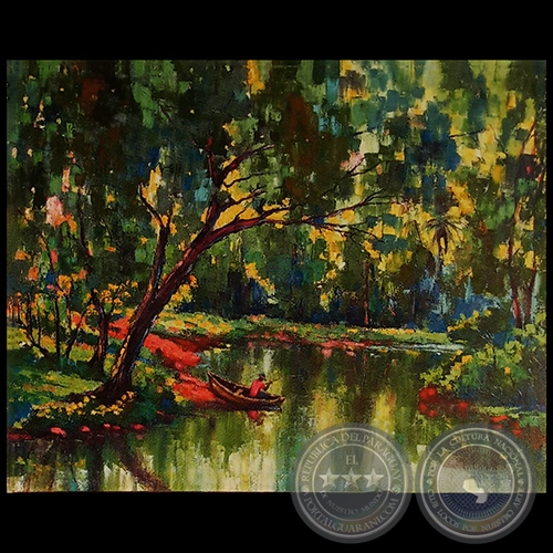 PAISAJE CON LAGO Y PESCADORES - Óleo de HERMINIO GAMARRA FRUTOS - Año 1980