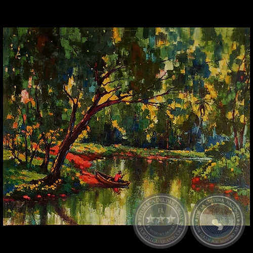 PAISAJE CON LAGO Y PESCADORES - leo de HERMINIO GAMARRA FRUTOS - Ao 1980