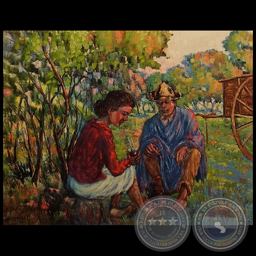 PAREJA DE CAMPESINOS TOMANDO MATE - Óleo de HERMINIO GAMARRA FRUTOS - Año 1979