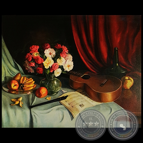 BODEGÓN CON FLORES Y GUITARRA - Óleo de LEONARDO TORFS