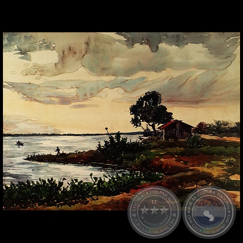 PAISAJE CON RANCHO SOBRE RIBERA DEL RÍO - Acuarela de FRANCISCO TORNÉ GAVALDÁ - Año 1981