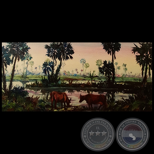 VACAS ABREVANDO - Óleo de FRANCISCO TORNÉ GAVALDÁ - Año 1952