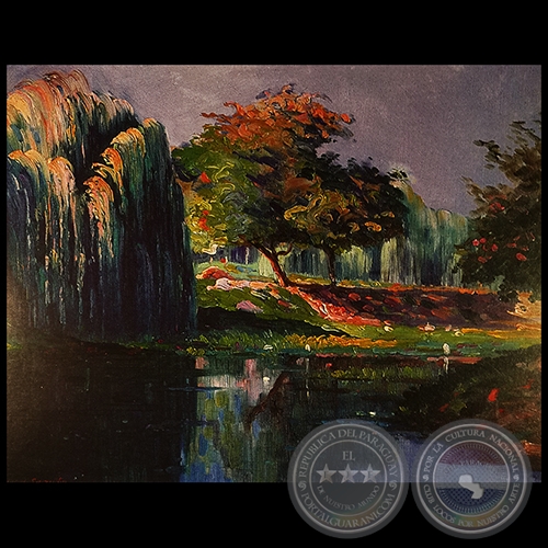 PAISAJE CON SAUCE Y LAGUNA - Óleo de JUAN ANSELMO SAMUDIO - Año 1928