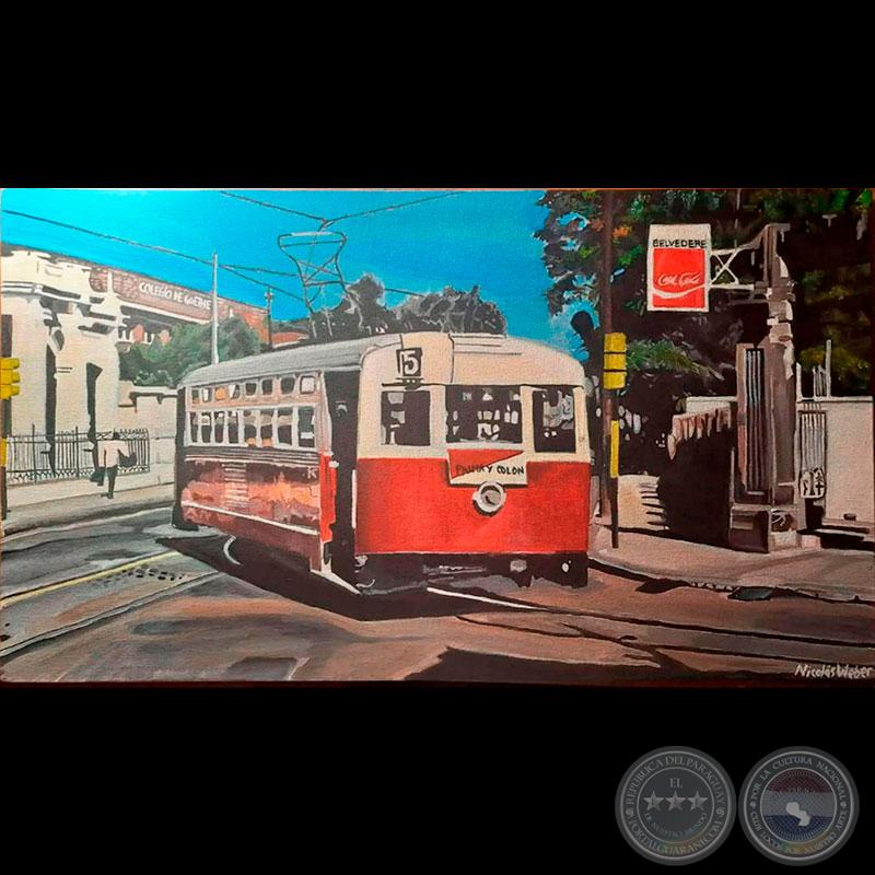 "El tranvia a su paso por el colegio Goethe y el Belvedere años 70" - Obra de Nicolás Weber