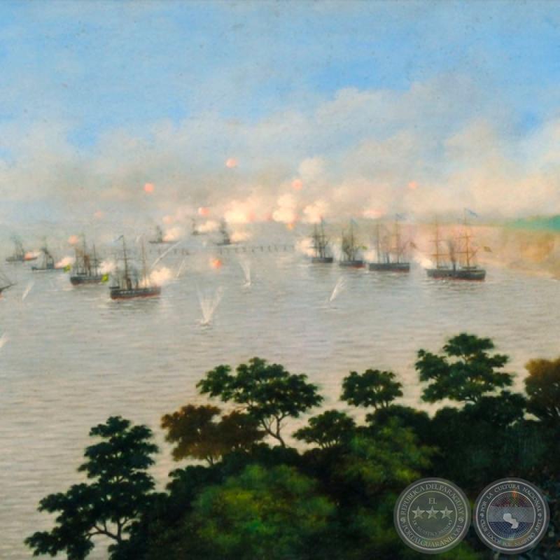 ATAQUE DE LA ESCUADRA BRASILEÑA A LAS BATERÍAS DE CURUPAYTÍ, 1866 - Óleo sobre tela de CANDIDO LÓPEZ 