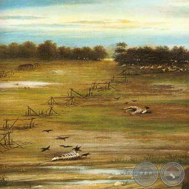 CAMPAMENTO INCENDIADO DEL EJÉRCITO PARAGUAYO, 1865 - Óleo sobre tela de CANDIDO LÓPEZ 