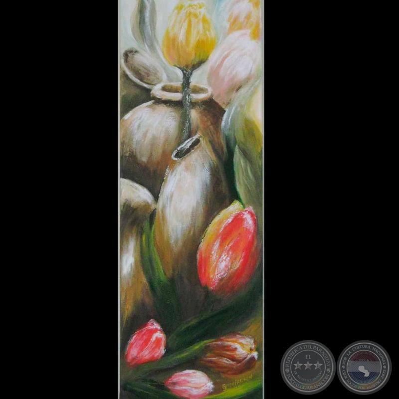 CÁNTAROS Y TULIPANES - Óleo de GERDA FRIESEN DE RUÍZ DÍAZ
