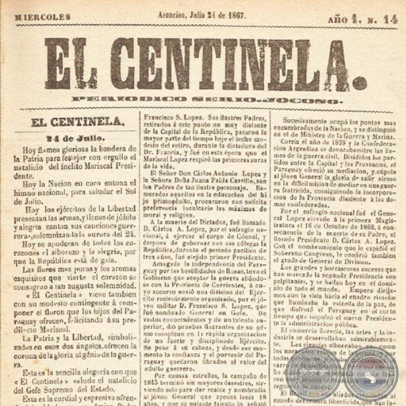 EL CENTINELA Nº 14 PERIÓDICO SERIO..JOCOSO, ASUNCIÓN, JULIO 24 de 1867