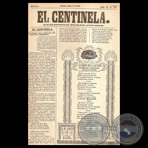 EL CENTINELA N 17 PERIDICO SERIO..JOCOSO, ASUNCIN, AGOSTO 15 de 1867