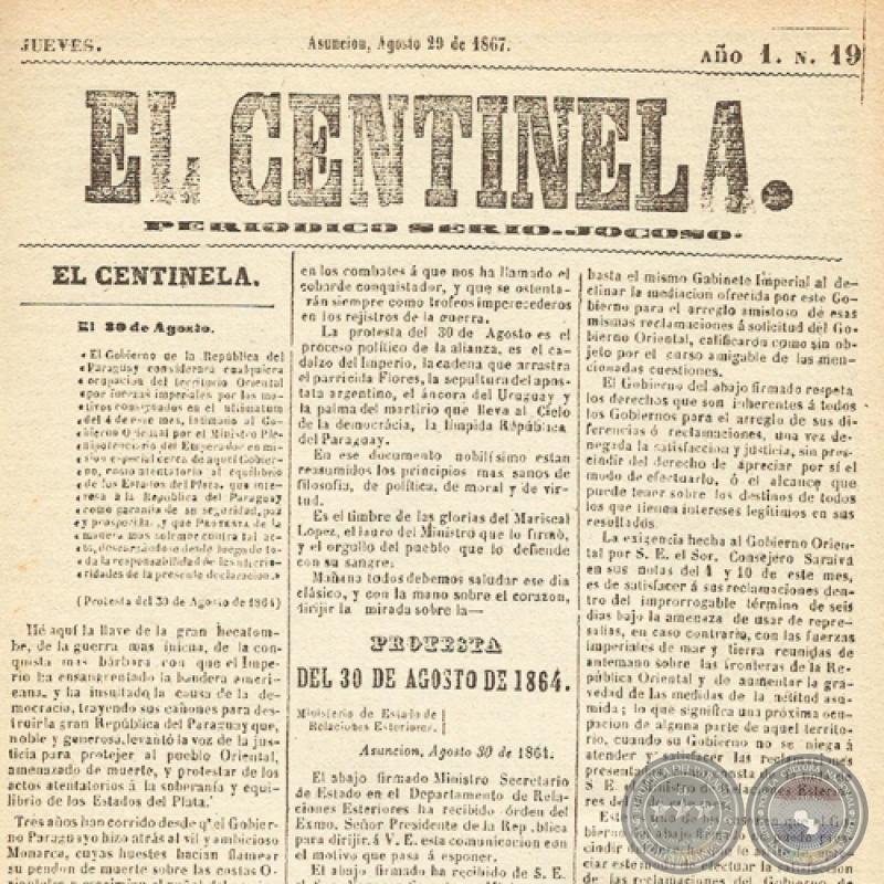 EL CENTINELA Nº 19 PERIÓDICO SERIO..JOCOSO, ASUNCIÓN, AGOSTO 29 de 1867