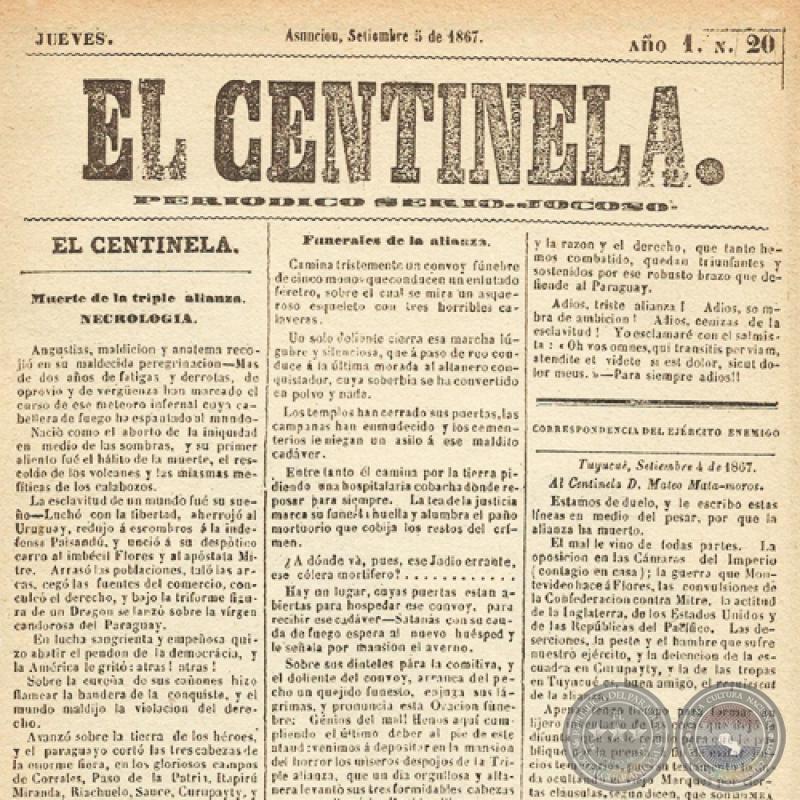 EL CENTINELA Nº 20 PERIÓDICO SERIO..JOCOSO, ASUNCIÓN, SETIEMBRE 5 de 1867