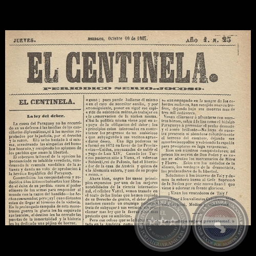 EL CENTINELA N 25 PERIDICO SERIO..JOCOSO, ASUNCIN, OCTUBRE 10 de 1867