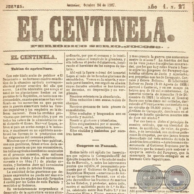 EL CENTINELA Nº 27 PERIÓDICO SERIO..JOCOSO, ASUNCIÓN, OCTUBRE 24 de 1867